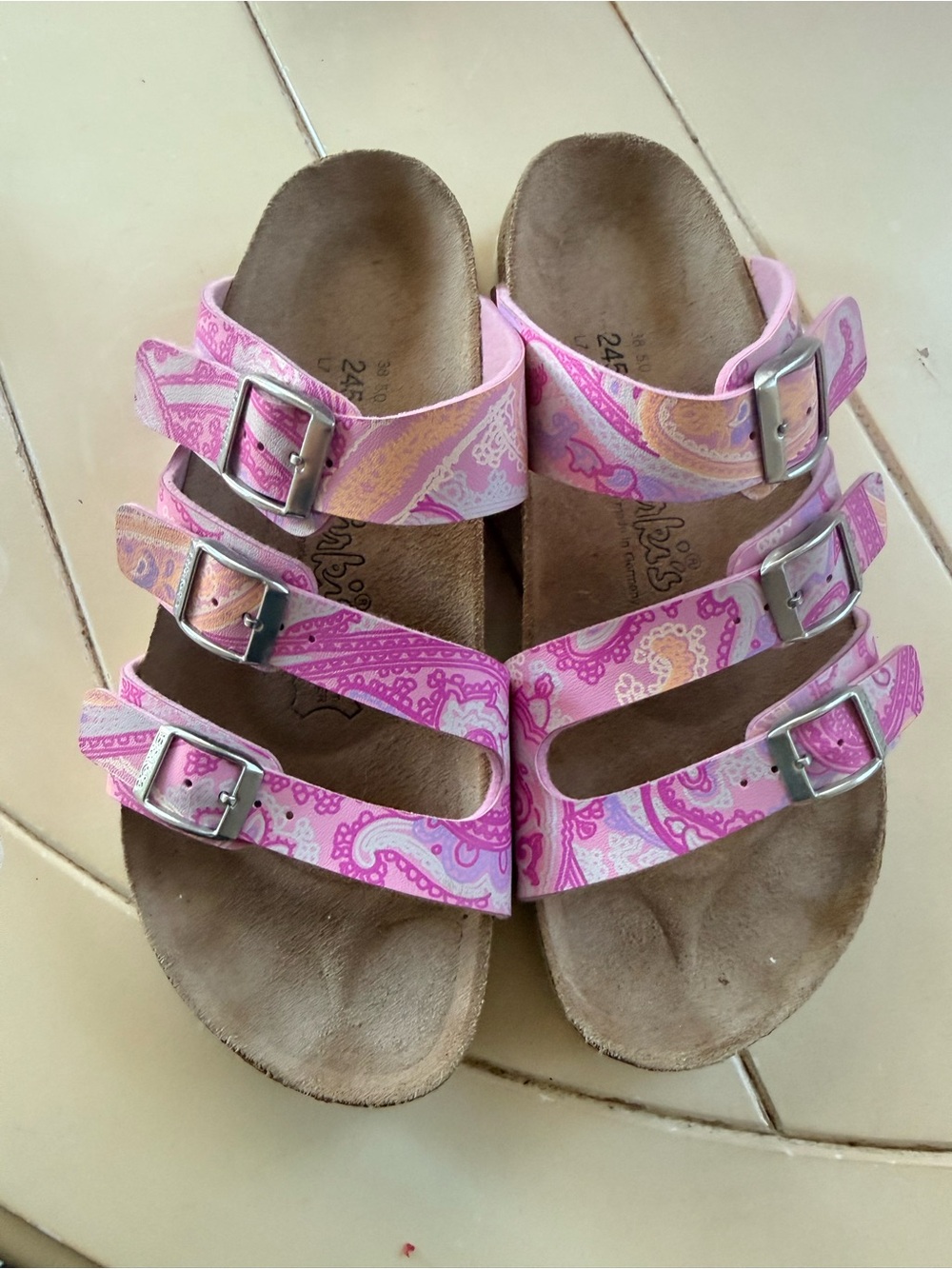 Triple-Buckle Pink Paisley Sandals